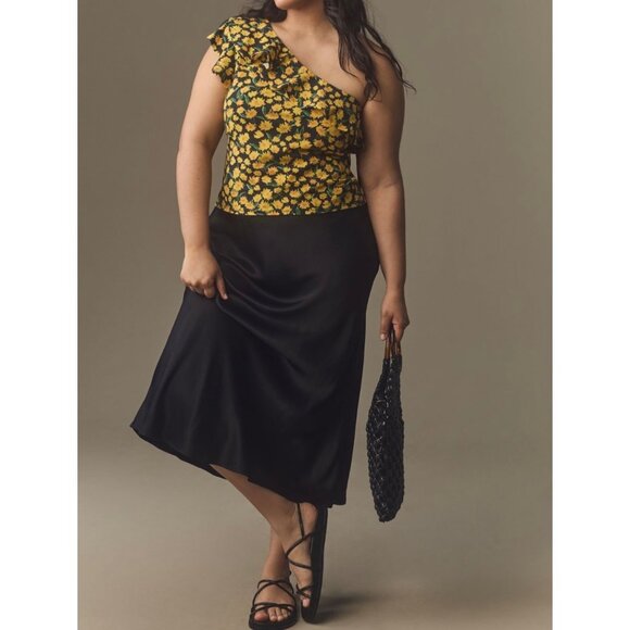 Maeve Anthropologie One-Shoulder Ruffled Floral Top Size XL Yellow - Picture 3 of 9